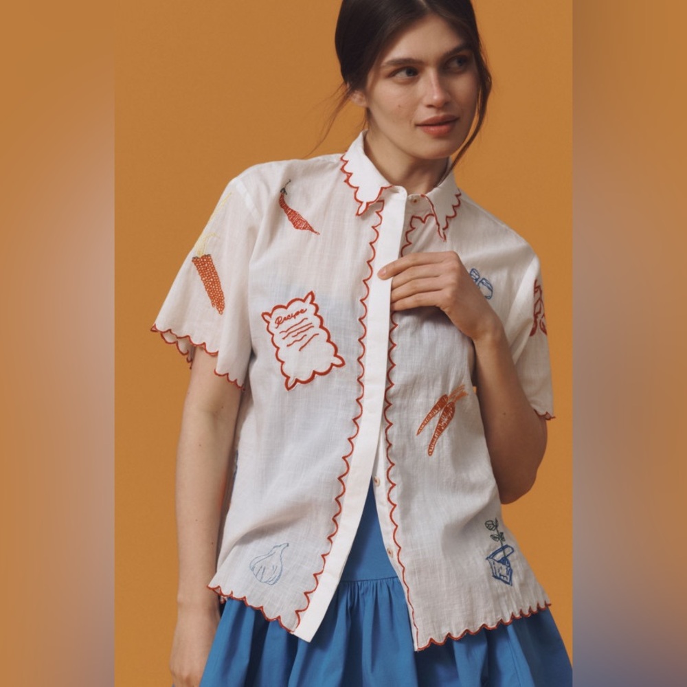 ANTHROPOLOGIE Maeve Embroidered Icon Buttondown Surf Shirt